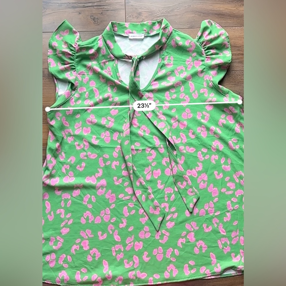 First Love Green Pink Leopard Blouse Puff Sleeve Preppy Chic Top - Picture 5 of 6